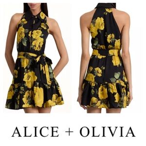 Alice + Olivia Miranda Floral Tie-Waist Halter Minidress